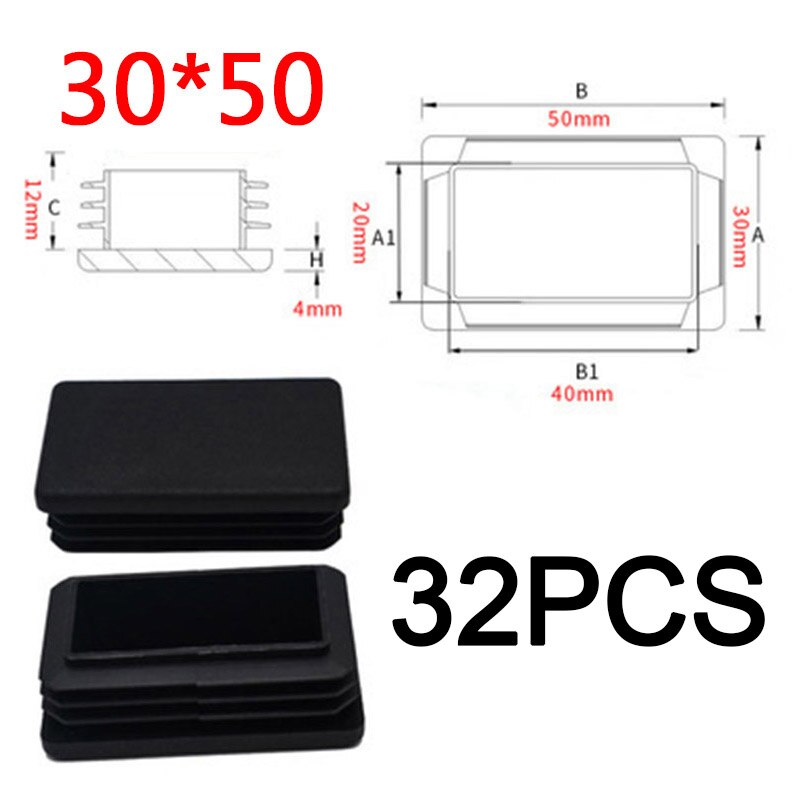 Plastic Steel Rectangular pipe plug Black Furniture Leg plug Anti Slip Feet Protector Pad Plastic square tube cap plug: 30x50mm