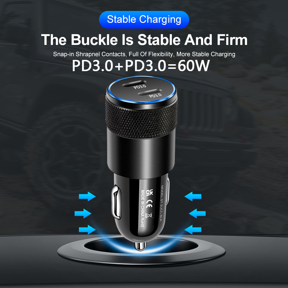 60W USB C szybka ładowarka samochodowa 2 porty ładowarka samochodowa Adapter podwójny typ C PD dla IPhone12 11 Pro Max Samsung Galaxy Note20 Android