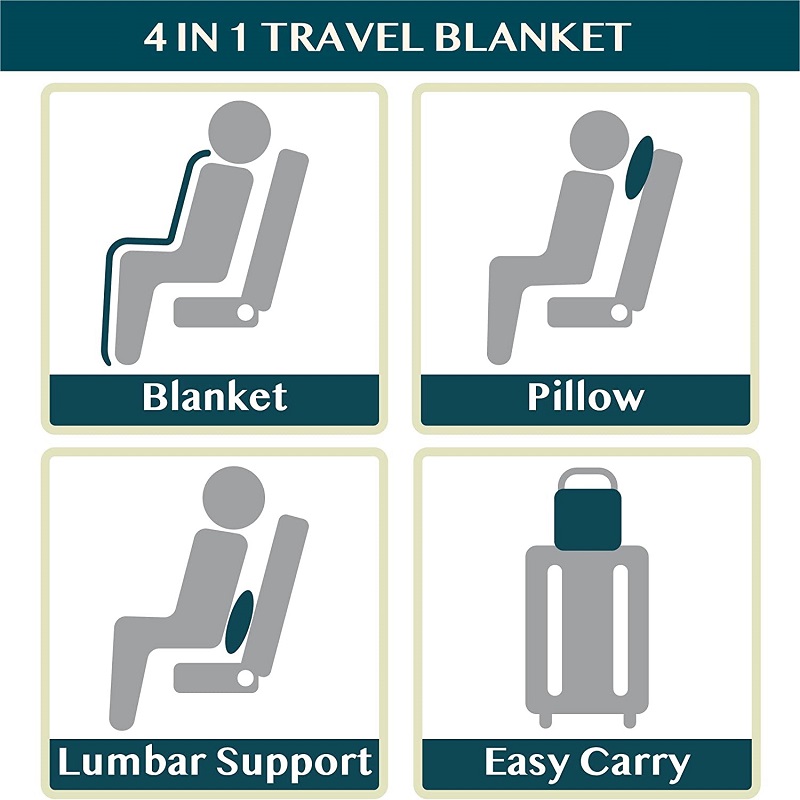 Couverture et oreiller de voyage, boucle à clipser, couverture combinée 2 en 1 en polaire douce et chaude pour avion, Camping, voiture, grande couverture compacte