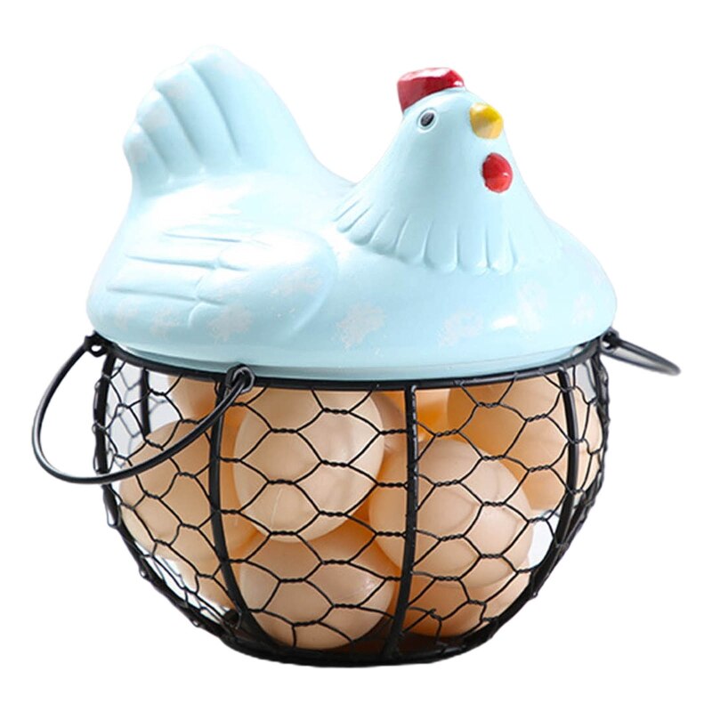 Egg Holder Iron Chicken Shape Ceramic Hen Ornament Fruit Storage Basket Durable: Blue