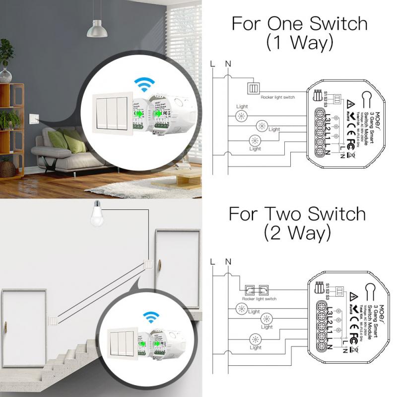 Smart Home 3 Gang DIY WiFi 2 Way Light LED Dimmer Module Switch Smart Life/Tuya APP Remote Control Work with Alexa Google Home