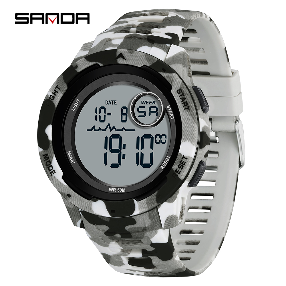 SANDA 2185 elektronische Uhr, beliebte Tarnung, Militärstil, Kühler Trend, Wecker, multifunktionale elektronische Herrenuhr: Braun