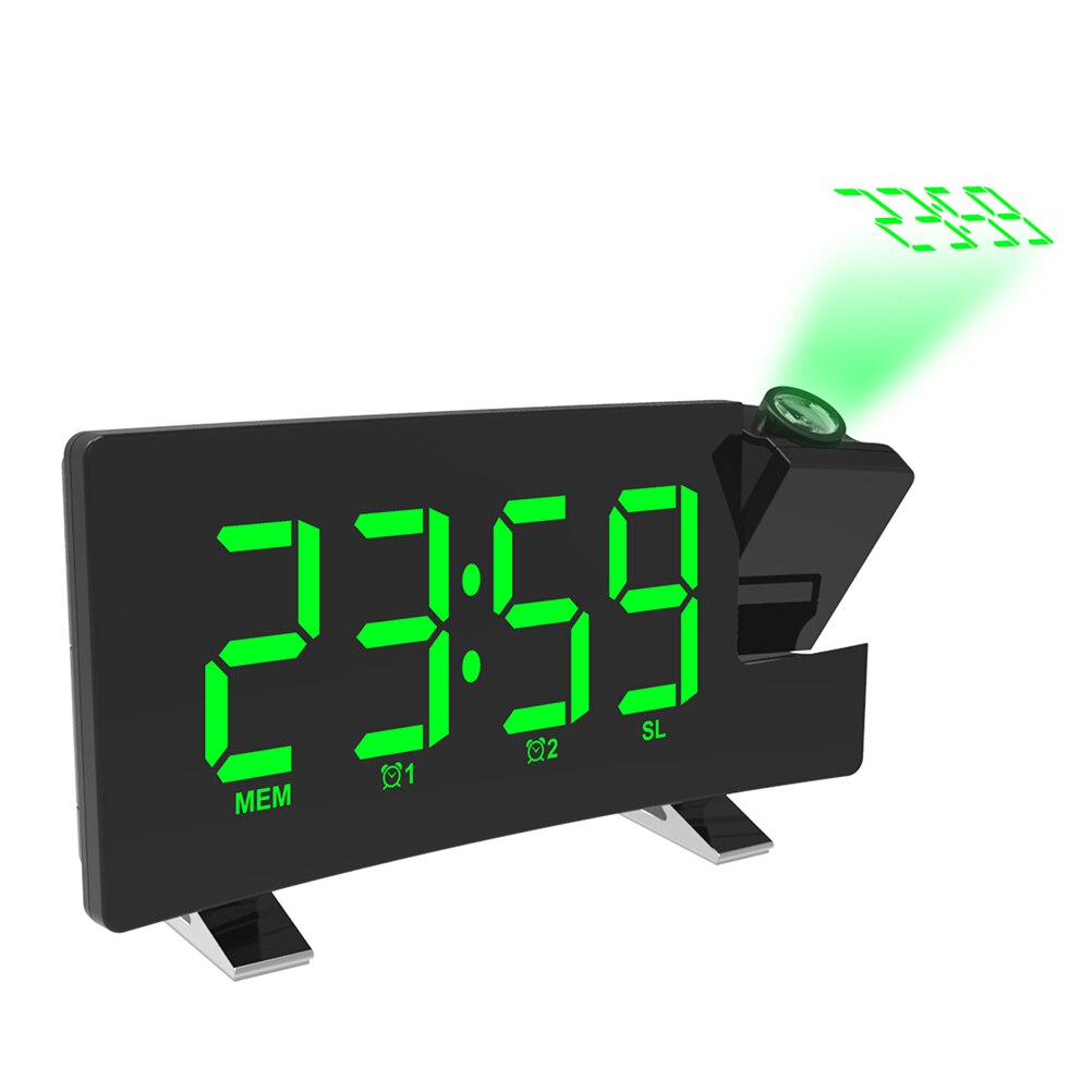 Digital Alarm Clock LED Screen Dual Alarm Snooze Projection Clock Dimmer FM Radio USB Recharge Electronic Clock: Green