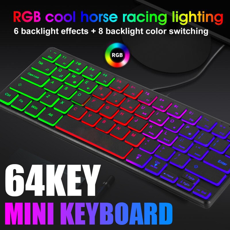 60% USB Wired Mini Keyboard 64Keys RGB Backlit Slim Gaming Keyboard Portable Ultra Thin Ergonomic Keyboard for PC Laptop Gamer