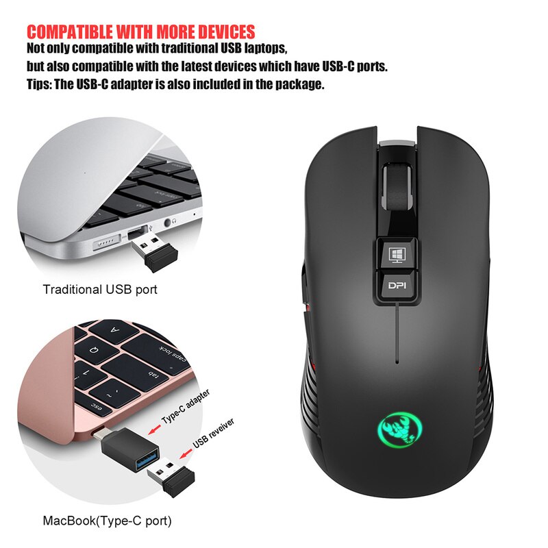USB Wireless Mouse 3600DPI 8 Button USB-C Receiver Optical Computer Mouse 2.4GHz Ergonomic Mice For Laptop PC Sound Silent Mouse