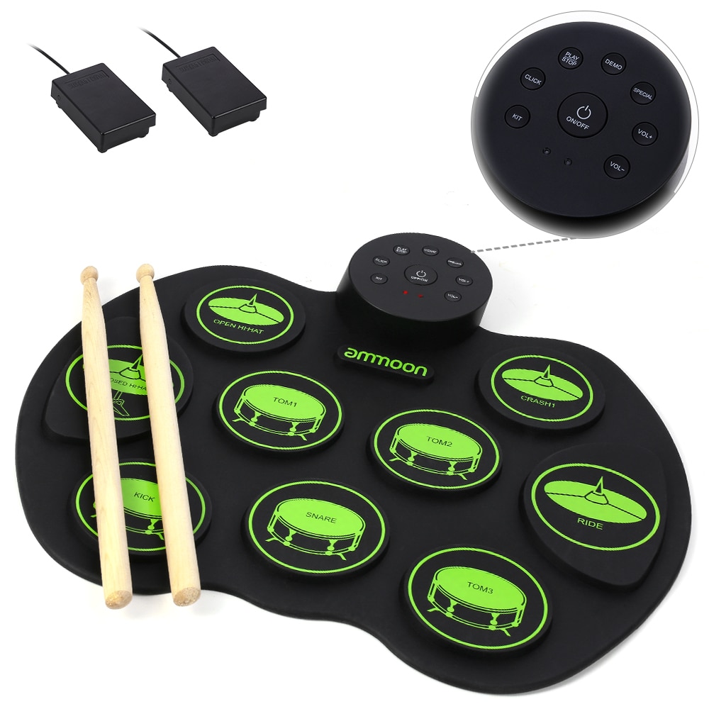 ammoon Digital Roll-Up Portable Electronic Drum Set Practice Drum Kit 9 Drum Pads 2 Foot Pedals for Kids Children Beginners