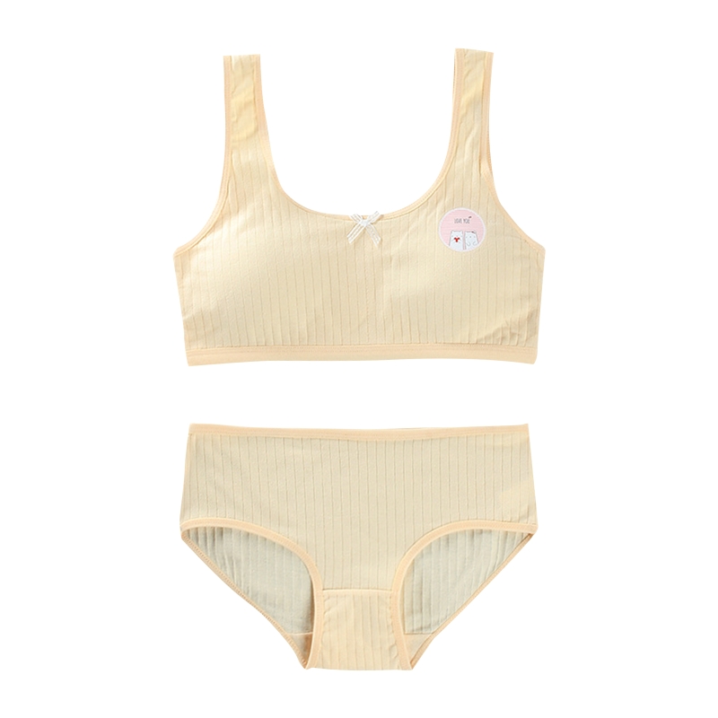 Teens Girls 2Pcs Underwear Set Cute Bear Print Bow Padded Training Bra Panties: Skin Color