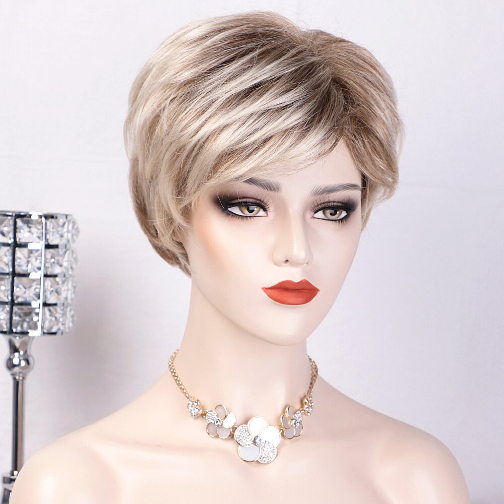 Stamped Glorious Korte Ombre Blonde Pruik Met Pony Lichtbruin Bob Pruik Natuurlijke Haar Synthetische Pruiken Voor Vrouwen Side Deel: Default Title