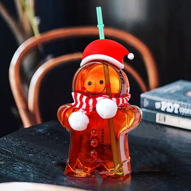Ins Cute Featured Animal Glass Bear Cup Gingerbread Man With Straw Large Capacity Lead-Free Non-Toxic