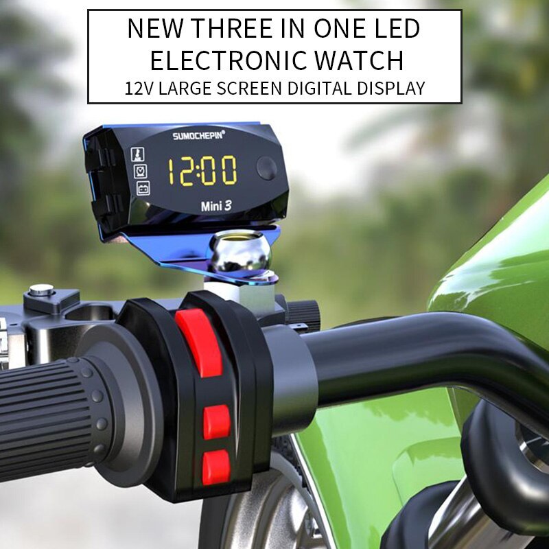 3- i -1 multifunktionel universal digital display meter tester vandtæt motorcykel voltmeter termometer vægure blå rød