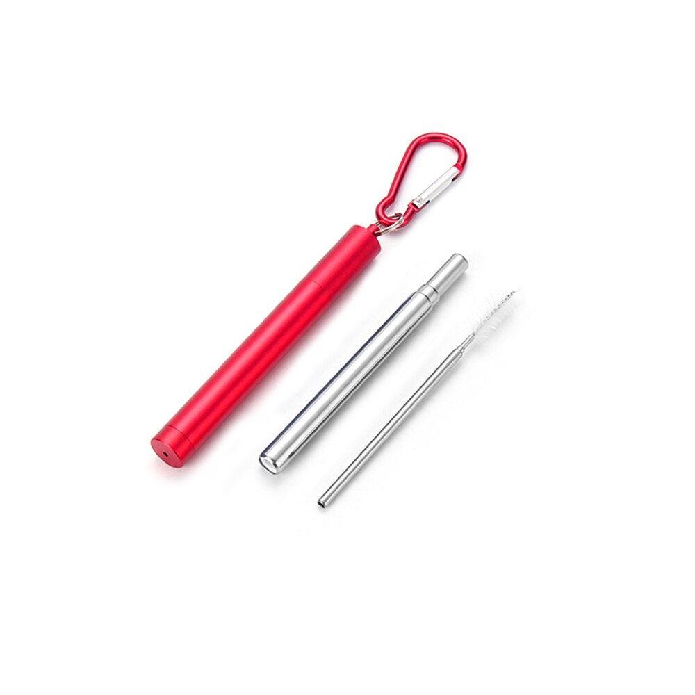 Roestvrij Staal Vouwen Stro Telescopische Rietje Pen Shaped Case Carabiner Herbruikbare Metalen Stro Reizen Picknick Drinkware