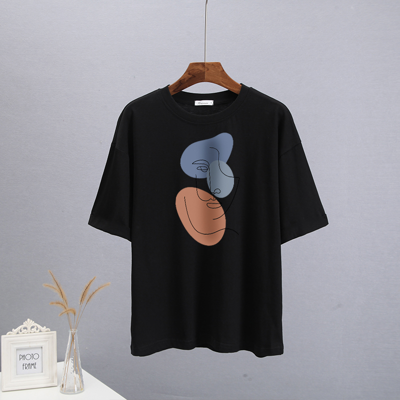 Hirsionsan abstrakt print t-shirt til kvinder sommer oversized 100%  bomuld t-shirts afslappet løs æstetisk t-shirt o-hals toppe: Xxl / Sort