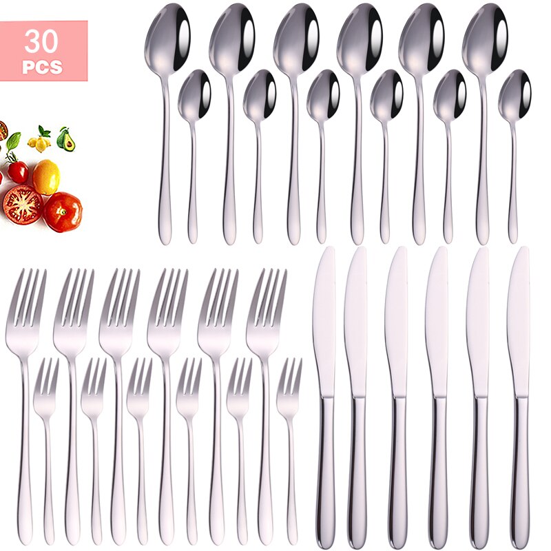 30Pcs Gold Bestek Set Keukengereedschap Zwart Roestvrij Staal Servies Vork Mes Thee Lepel Kit Zilverwerk Thuis Servies: 30pcs Silver