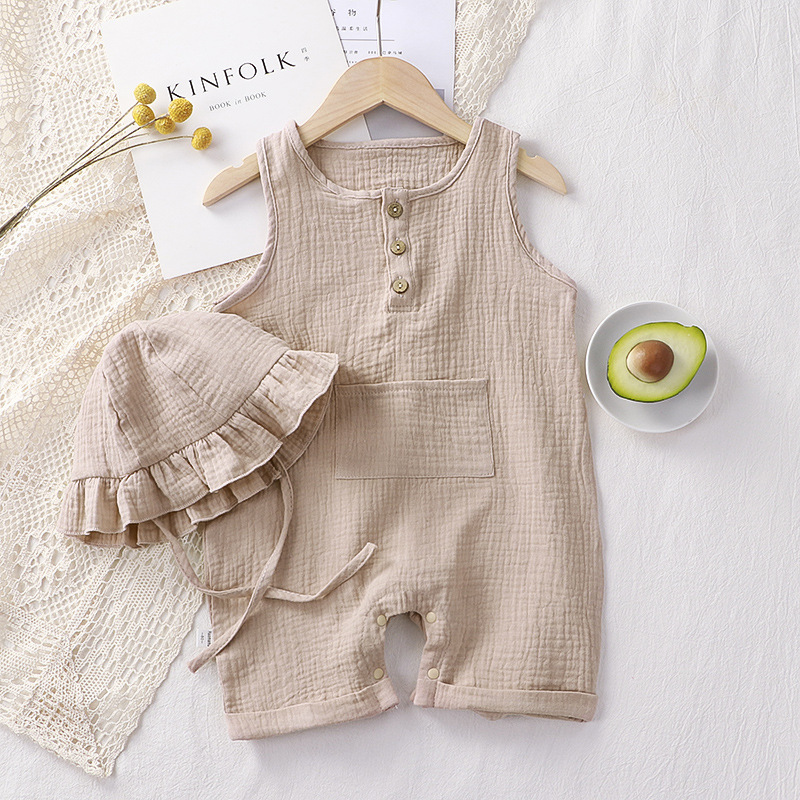 Peleles de verano para niños y niñas, monos sólidos sin mangas de algodón orgánico con botones, monos Unisex para bebé, ropa de una pieza: khaki / 80(12-18M)