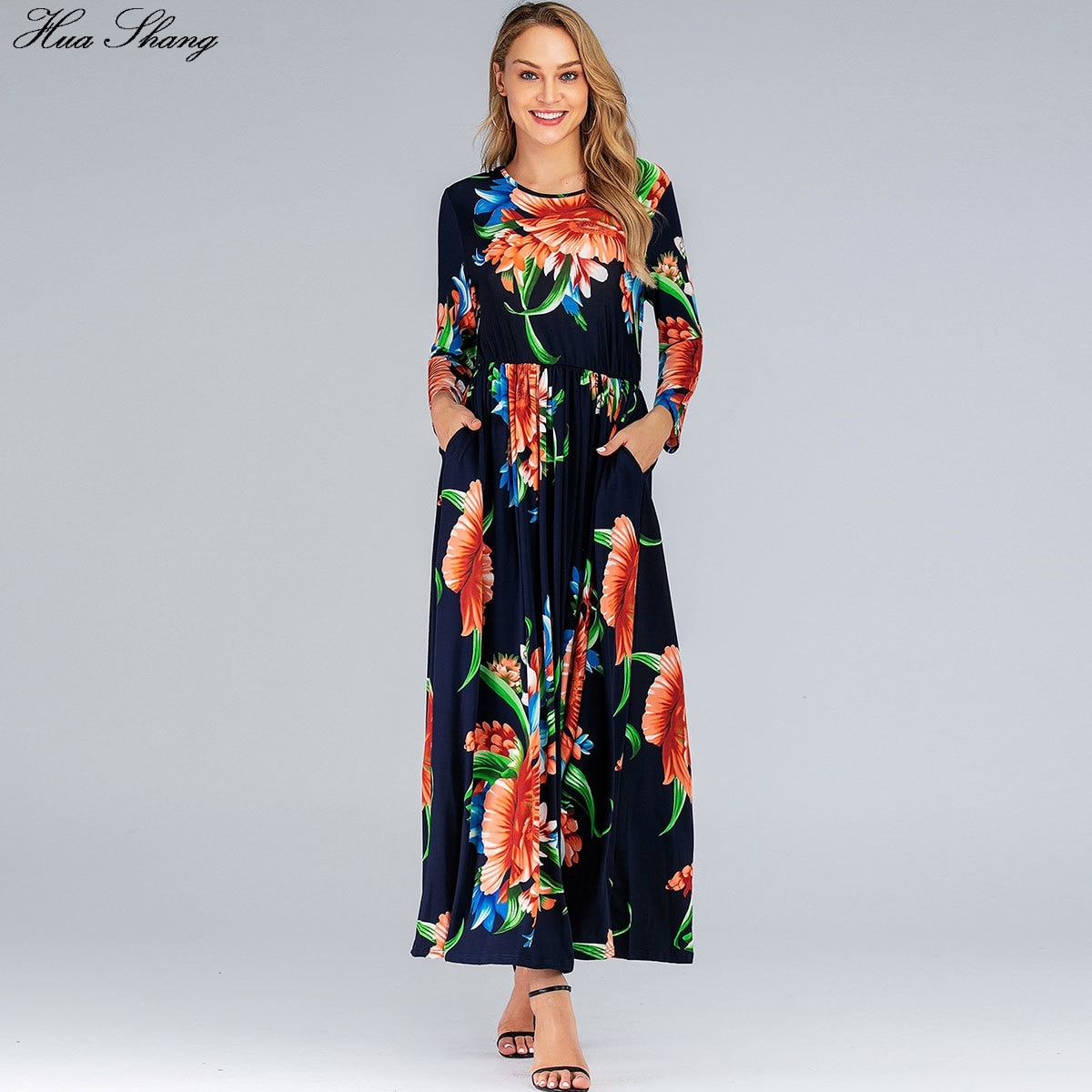 Plus size kjole 6xl kvinder sommer lange ærmer blomsterprint boho strandkjole lommer dame tunika maxi lange kjoler
