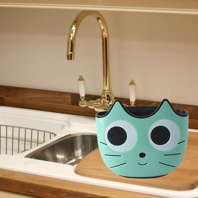 Hangende afvoerrek voor de keuken, cartoon kat, verstelbare afdruiprek met drukknop, kraan, opbergmanden, tpr-plank voor huishoudelijke artikelen
