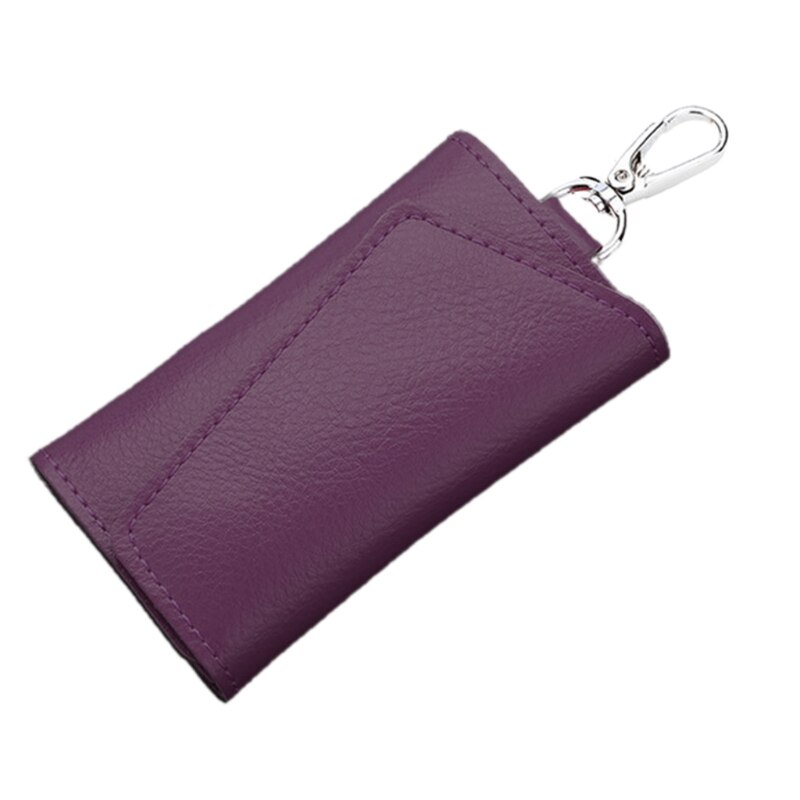 Y166 Portable Leather Keychain Key Wallet 6 Hook Button Closure with Card Holder: Purple