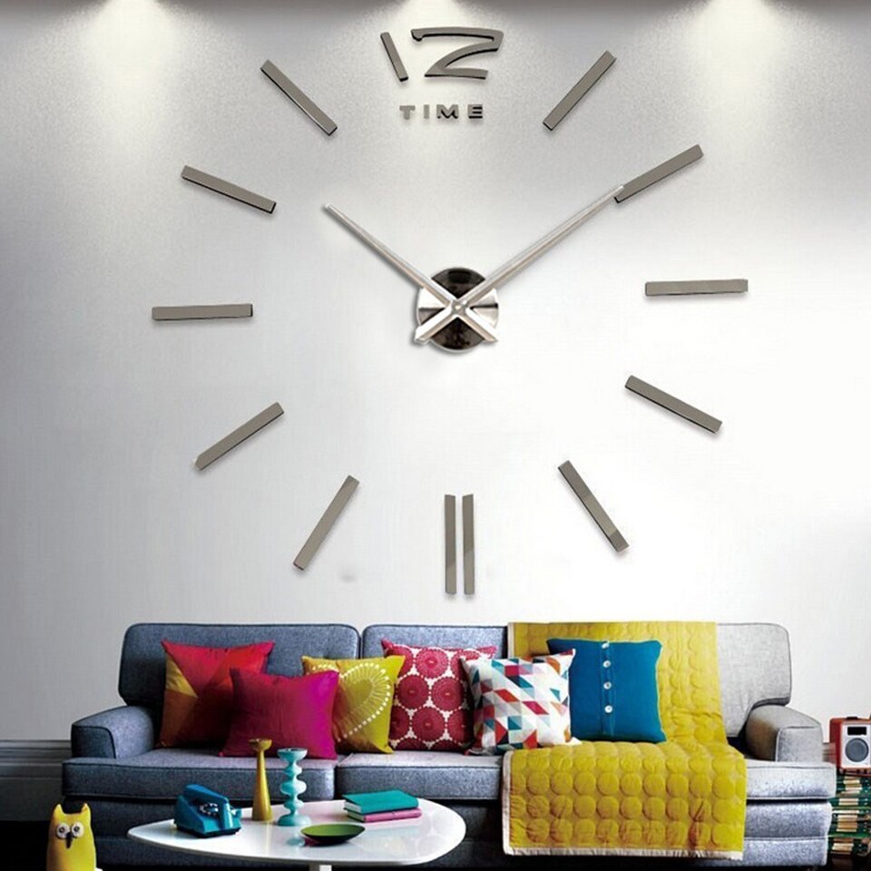 Big Wall Clock Quartz 3D Stereo DIY Wall Sticker Clock Living Room Simple Decoration Clock Acrylic MirrorClock: Sliver / 42 inch(90-120cm)