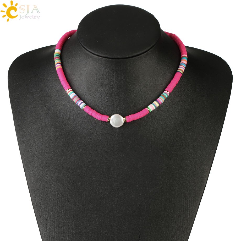 CSJA Böhmischen Perle Halsketten für Frauen Regenbogen Weichen Keramik Reize Boho Halskette Bunte Perle Ethnischen Stil Schmuck S538: C