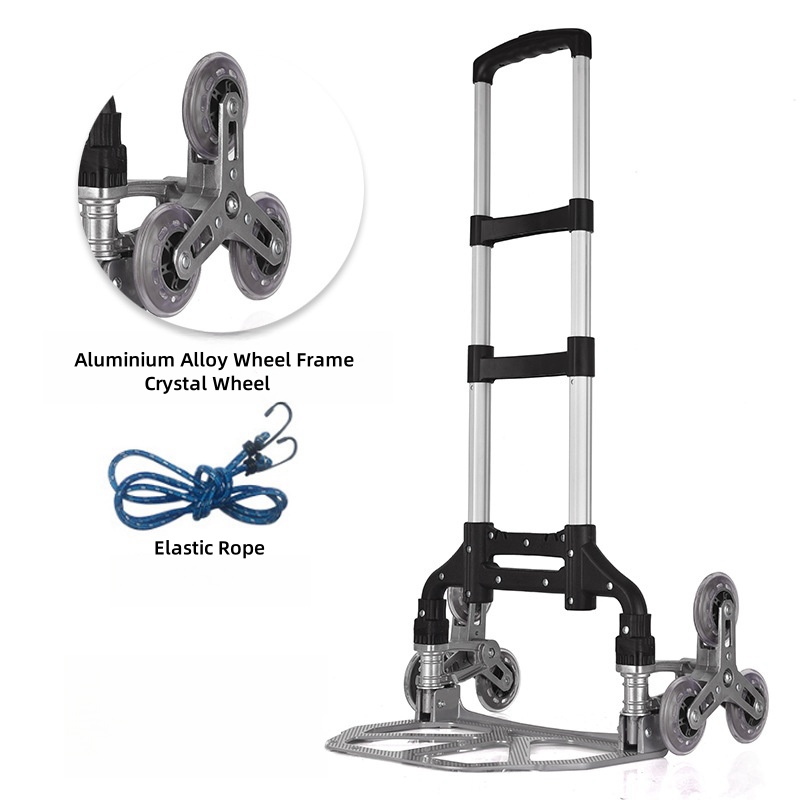 Remolque plegable portátil, carrito de aleación de aluminio, carrito de escalera plegable con ruedas, carrito plegado ligero para viaje y escalada para el hogar: Negro