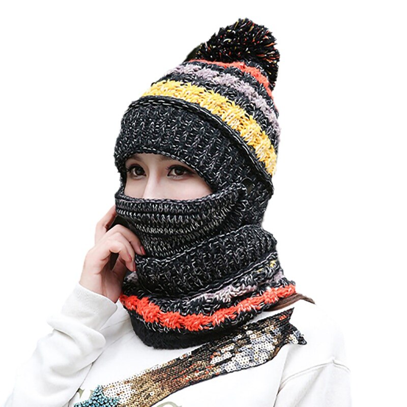 Beanie hat tørklæde ansigtsmaske sæt strikket kasket hals varmere hovedbeklædning kvinder piger vinter udendørs skiløb kasket hals ansigt dække fz: B
