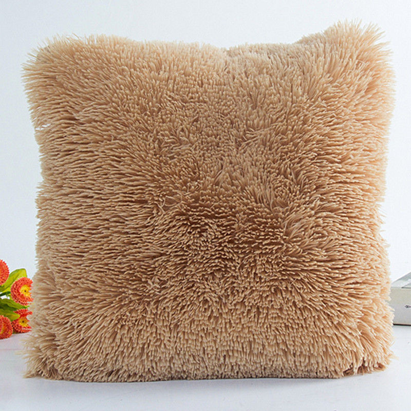 Pluizige Zachte Pluche Vierkante Decoratieve Kussensloop Kamer Sofa Taille Gooi Kussenhoes: Donker Kaki