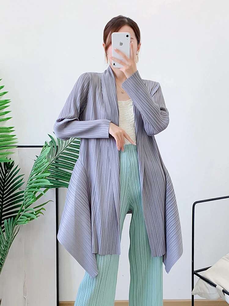 Lanmrem plissert trenchcoat cardigan vår tynn vindjakke langermet uregelmessig løs mellomlang kåpe 2 r 4617: Grå
