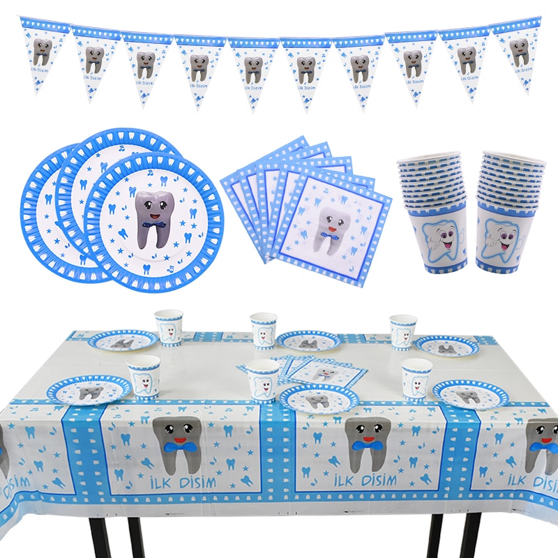 Blå min första tand tema fest dekoration porslin papper kopp tallrik servetter baby shower ballonger pojke födelsedagsfest tillbehör