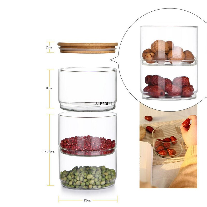 Tarros de almacenamiento de vidrio apilables de alta borosilicato, combinación de tanque de bambú, latas selladas de clasificación, botella de almacenamiento de cocina