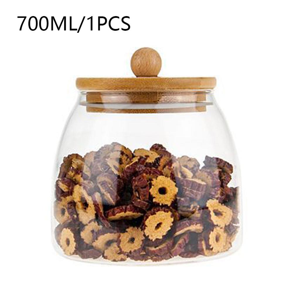 Glass Airtight Containers For Food Kitchen Flour Container Jars With Bamboo Wooden Lids: 1pc 700ml