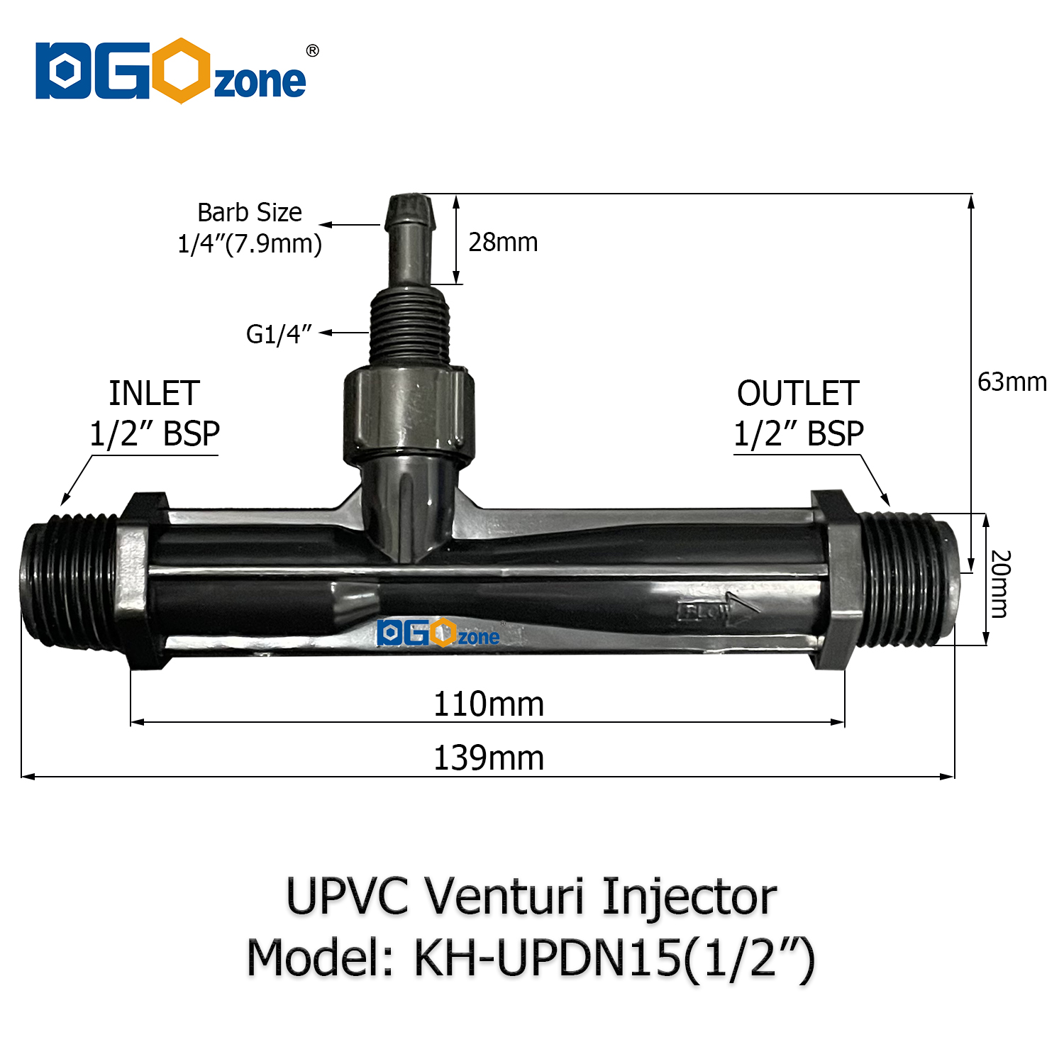 UPVC Venturi Injector for Mixing Liquid Venturi with Valve BSP thread 1/2" 3/4" 1" 1.25" 1.5" 2" DGOzone