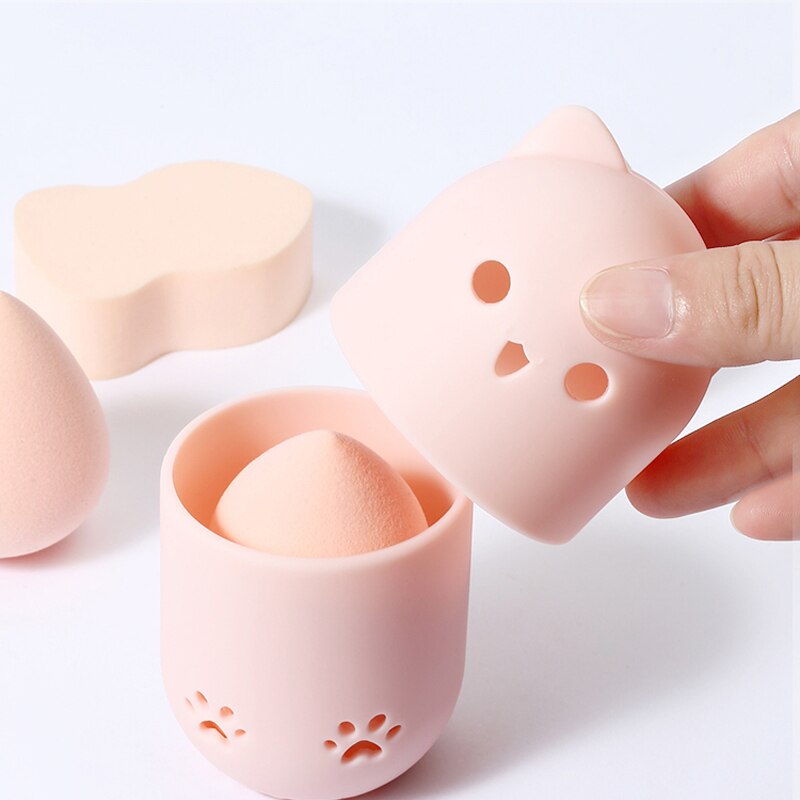 Esponja de silicona para maquillaje con forma de gato, caja de secado de huevos para maquillaje de belleza, caja de esponjas portátil para cosmética, Estuche de transporte, licuadora, soporte de esponja