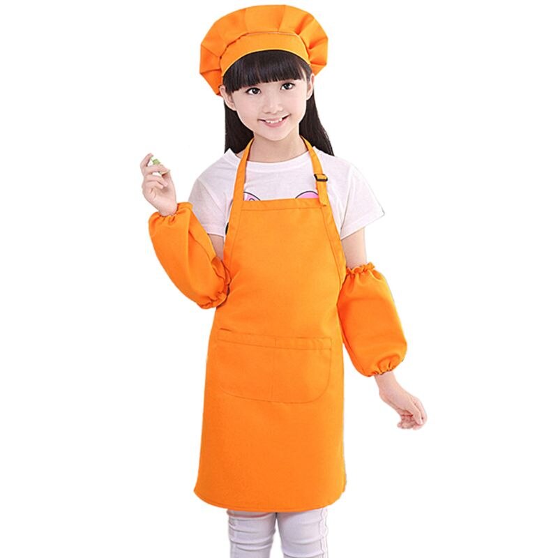3Pcs/Set Kids Chef Hat Apron Sleeve Covers Set Boys Girls Adjustable Kitchen Bib with 2 Large Pockets for Cooking Baking Wear: O / M
