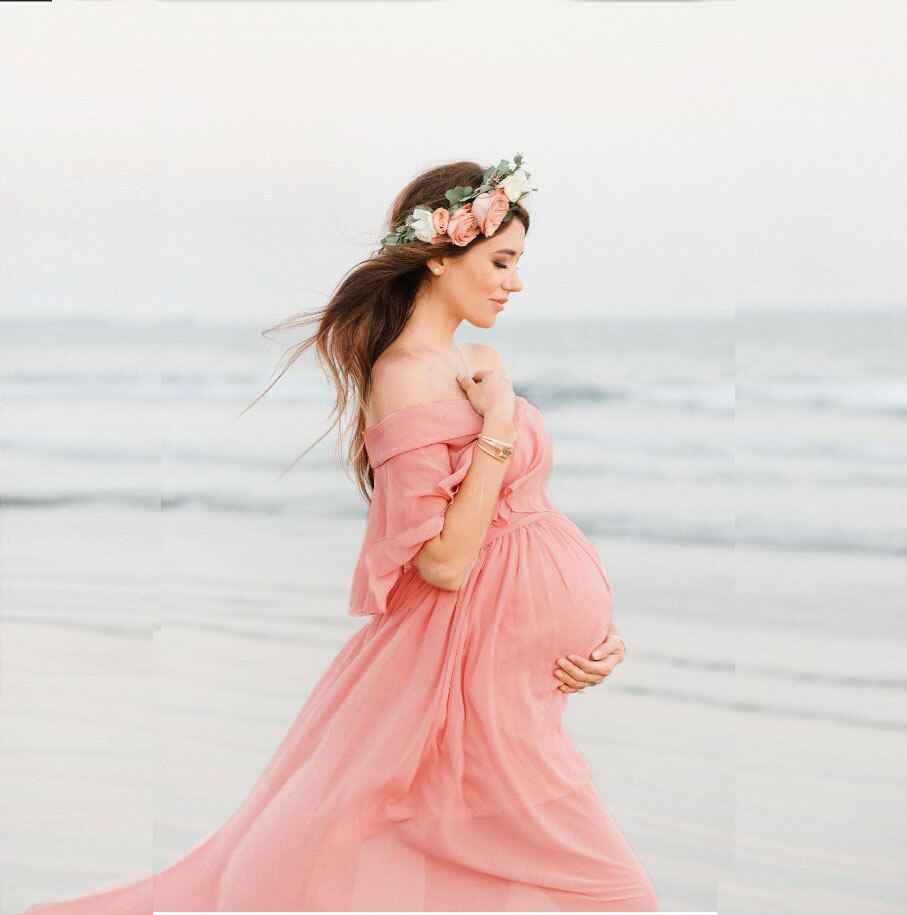 Sexy Off Shoulder Strapless Maternity Dresses Women Pink Chiffon Gown Pregnancy Dress Boho Pink Maxi Long Photo Shoot Dress