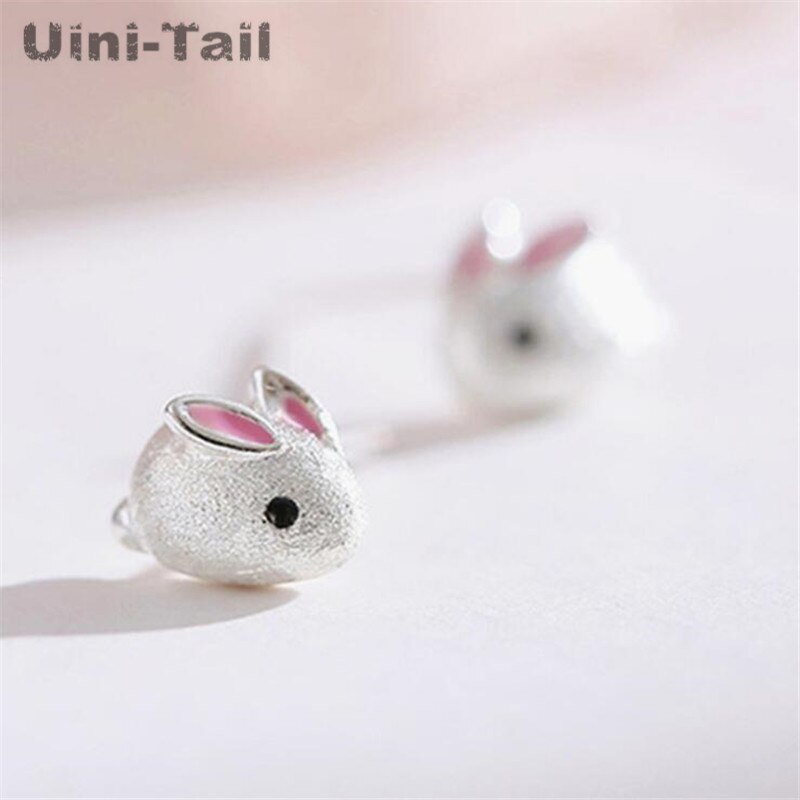 Uini-tail-pendientes de plata de ley 925 con conejo blanco y rosa, joyería fina