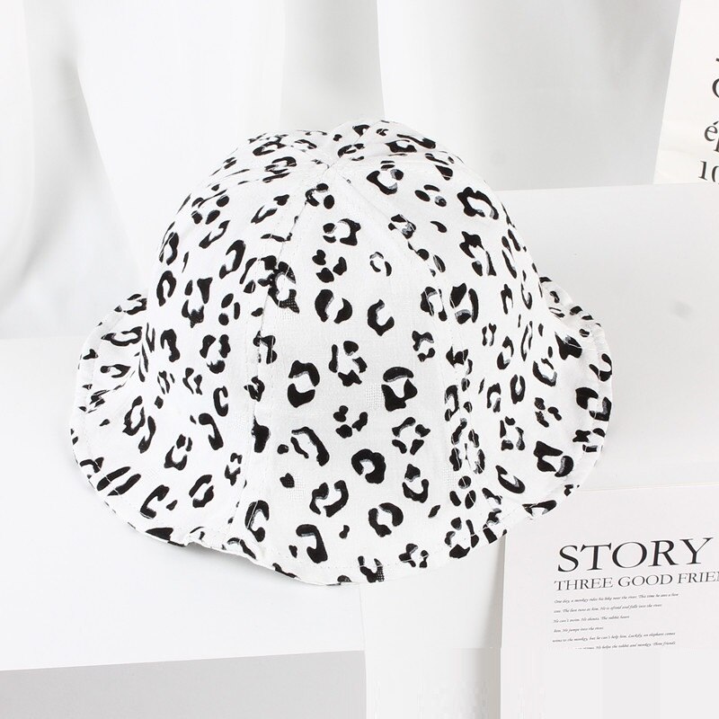 Vår sommar baby flickor solhatt tecknad leopardmönster bomull baby hatt barn pojkar hink hatt barn sol mössa: Vit