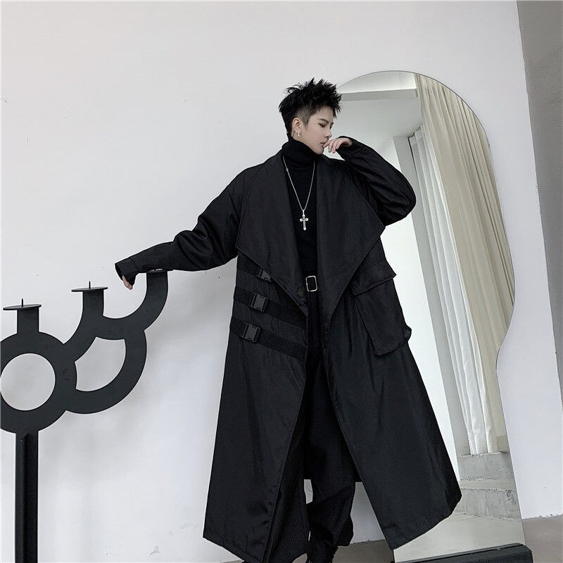 IEFB-gabardina larga negra con solapa grande para hombre, abrigo con mosquetón decorativo con bolsillos, holgado, cortavientos de gran tamaño, novedad de otoño, 9Y4708, 2022