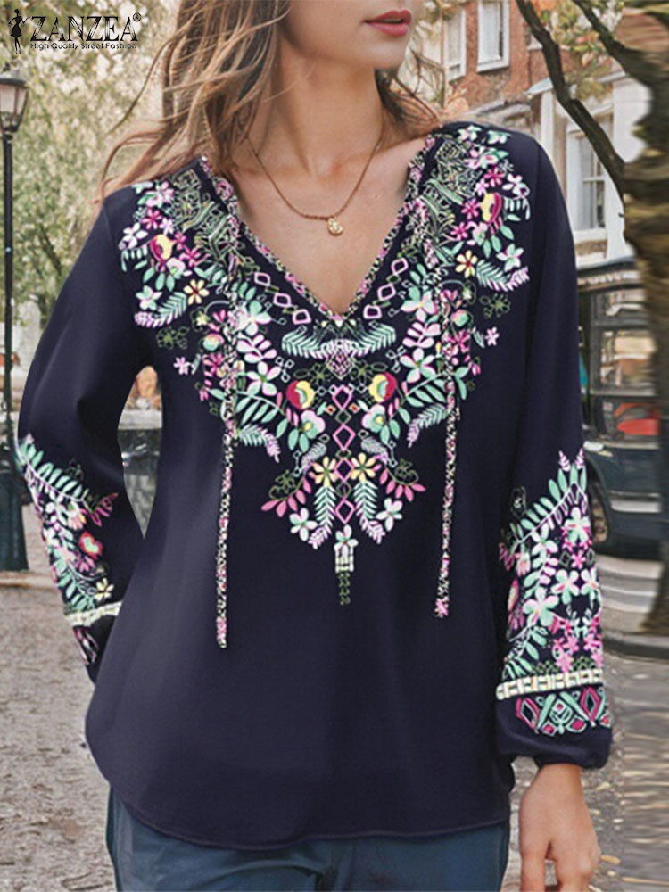 Zanzea lente blouse met bloemenprint, bohemian shirts, casual damesblouses met lange mouwen, v-hals tops met vetersluiting, tuniek