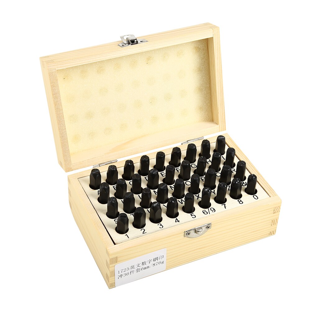 Juego de 36 Uds de punzón de acero para números y letras, Kit de herramientas para estampar cuero grabado, molde de impresión para estampado de cuero con caja de madera: 6mm