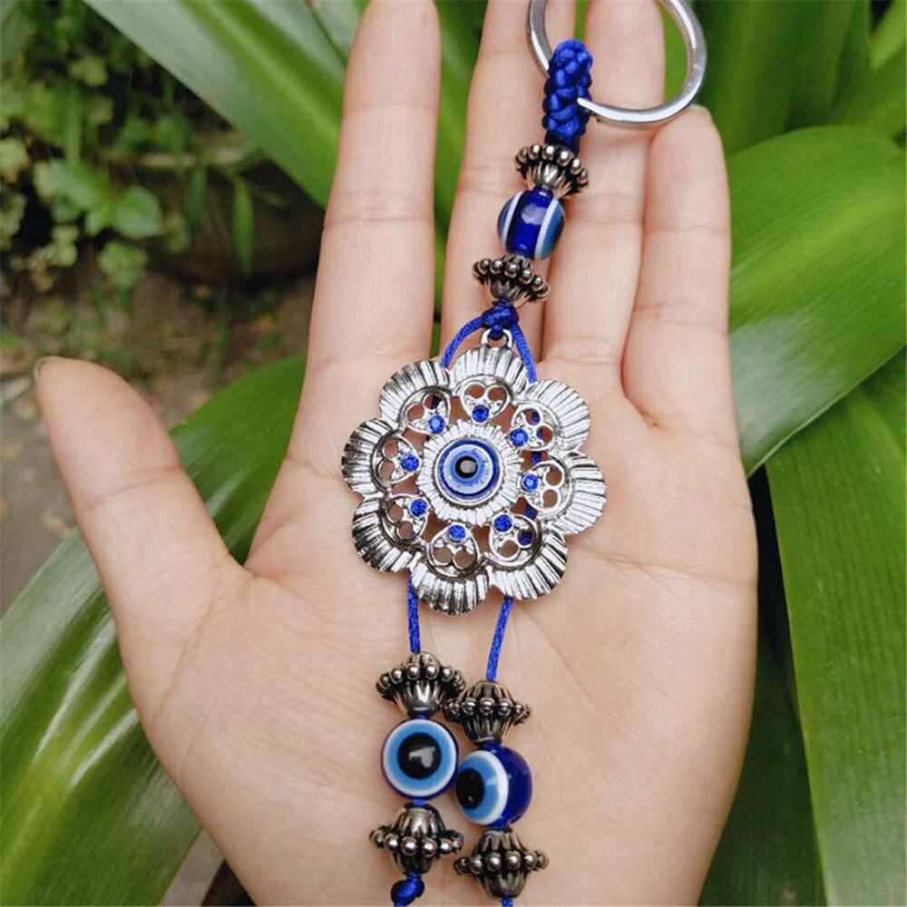 Türkei Blau Auge Silber Blumen Schlüssel Kette Neue Produkt Türkische Teufel Auge Glück Auto Anhänger Hause Zauberstab Hängen Ornamente
