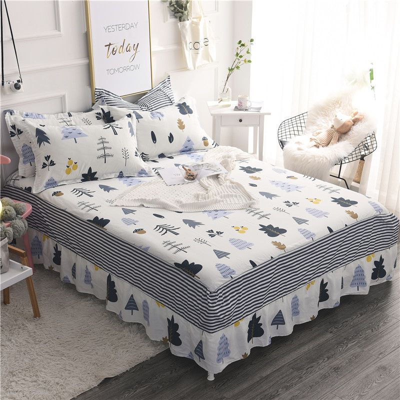 Witte streep Cartoon forest100 % katoen Bed rok Bloemen en vogels print sprei twin volledige koningin schattige postaral prinses stijl