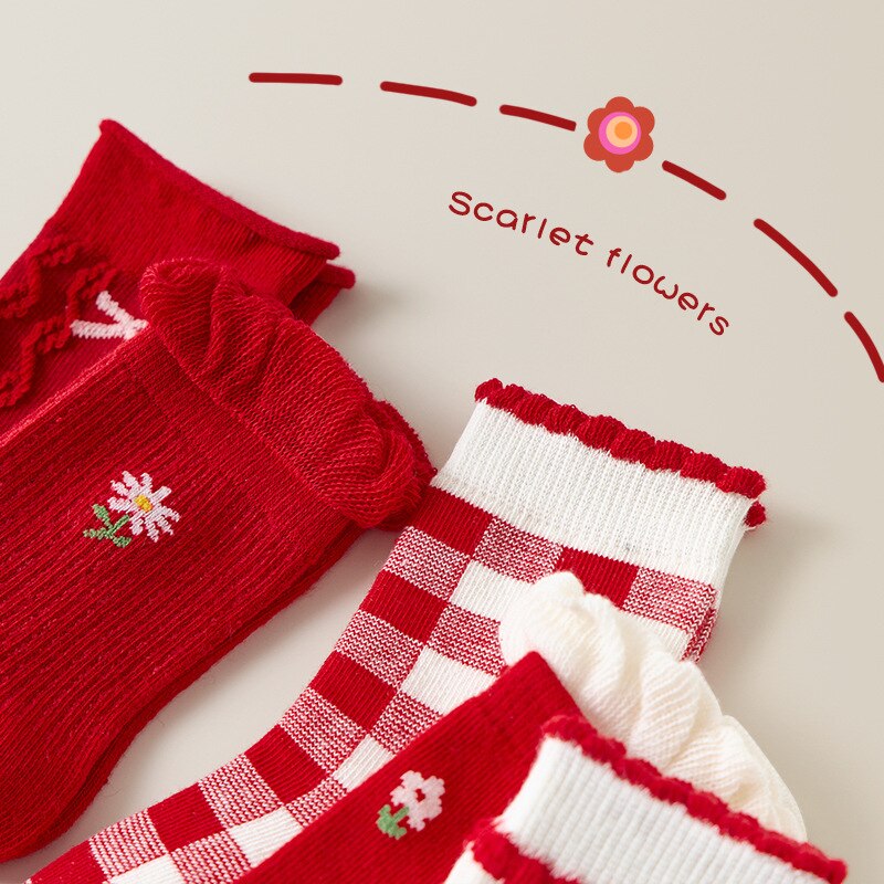 Calzini per bambini calze a forma di fiocco con motivo a fiori calze di pizzo rosse calze per studentesse stivali per neonati Kinder Socken