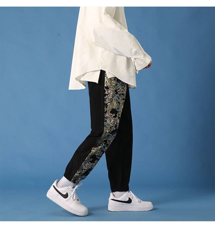 Męskie letnie japońskie spodnie haremowe w stylu narodowym patchworkowe biegaczy w stylu chińprzejrzeć plus rozmiar spodnie robić biegania męskie spodnie