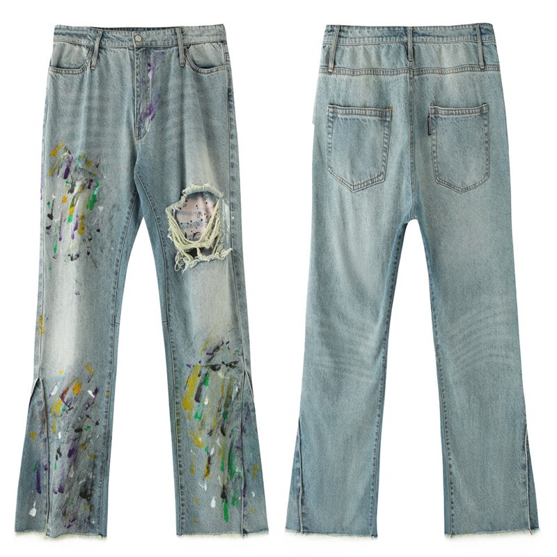 Hip hop graffiti denim flare bukser herre afslappet lynlås revet hul efterår vinter streetwear lange bukser joggers jeans: Blå / L
