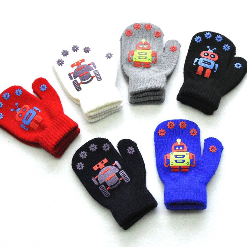 Balleenshiny Kinderen Winter Warm Koud Baby Handschoenen Schattige Kleine Robot Patroon Afdrukken Antislip Gebreide Kids Handschoenen Jongen meisjes