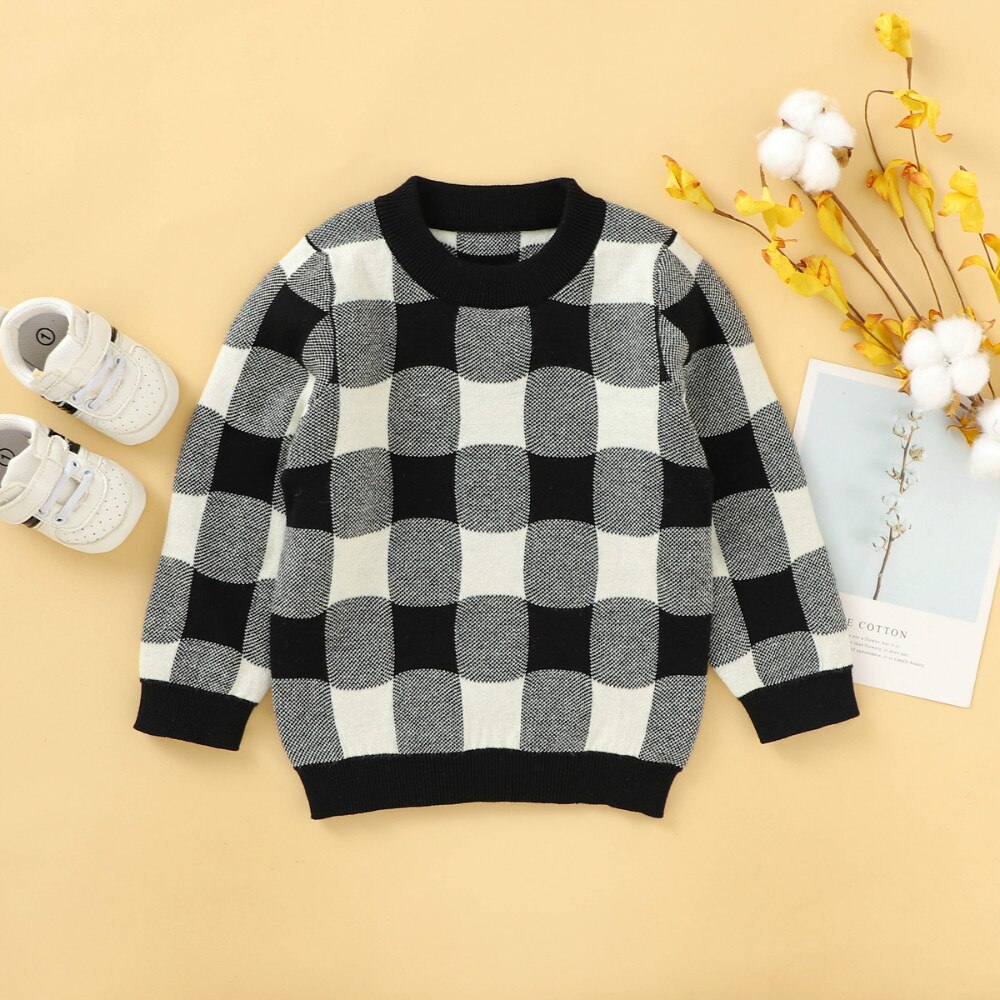 Koreańnarty dzieci niemowlę chłopiec dziewczyna sweter z dzianiny z długim rękawem wokół szyi dzianiny szczyt z dzianiny jesień zima moda pled sweter