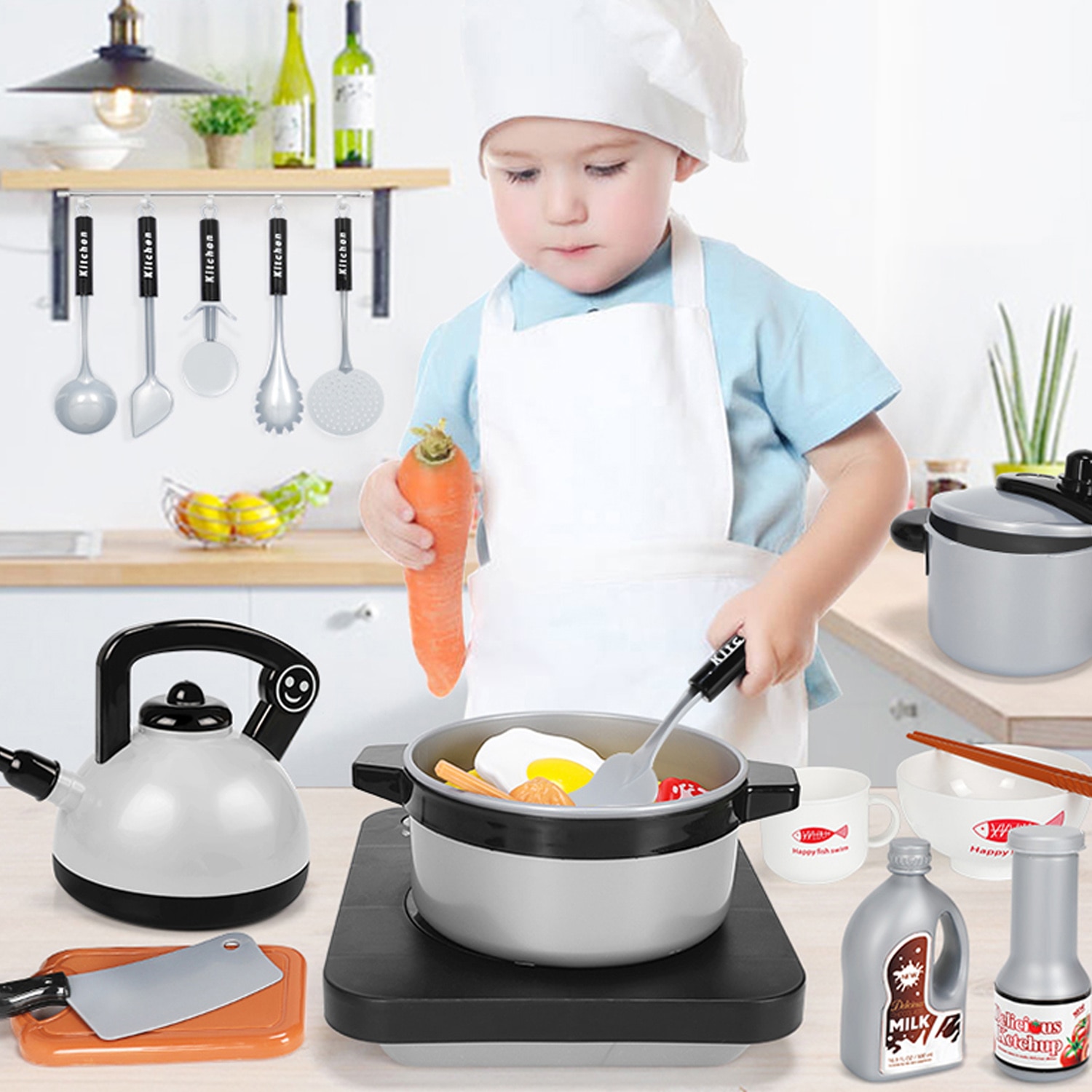 Kids Simulation Kitchen Pretend Play Toy Cookware Playset Cooking with Oven Kettle Pots Food for Kids Toddlers Kitchenware Play