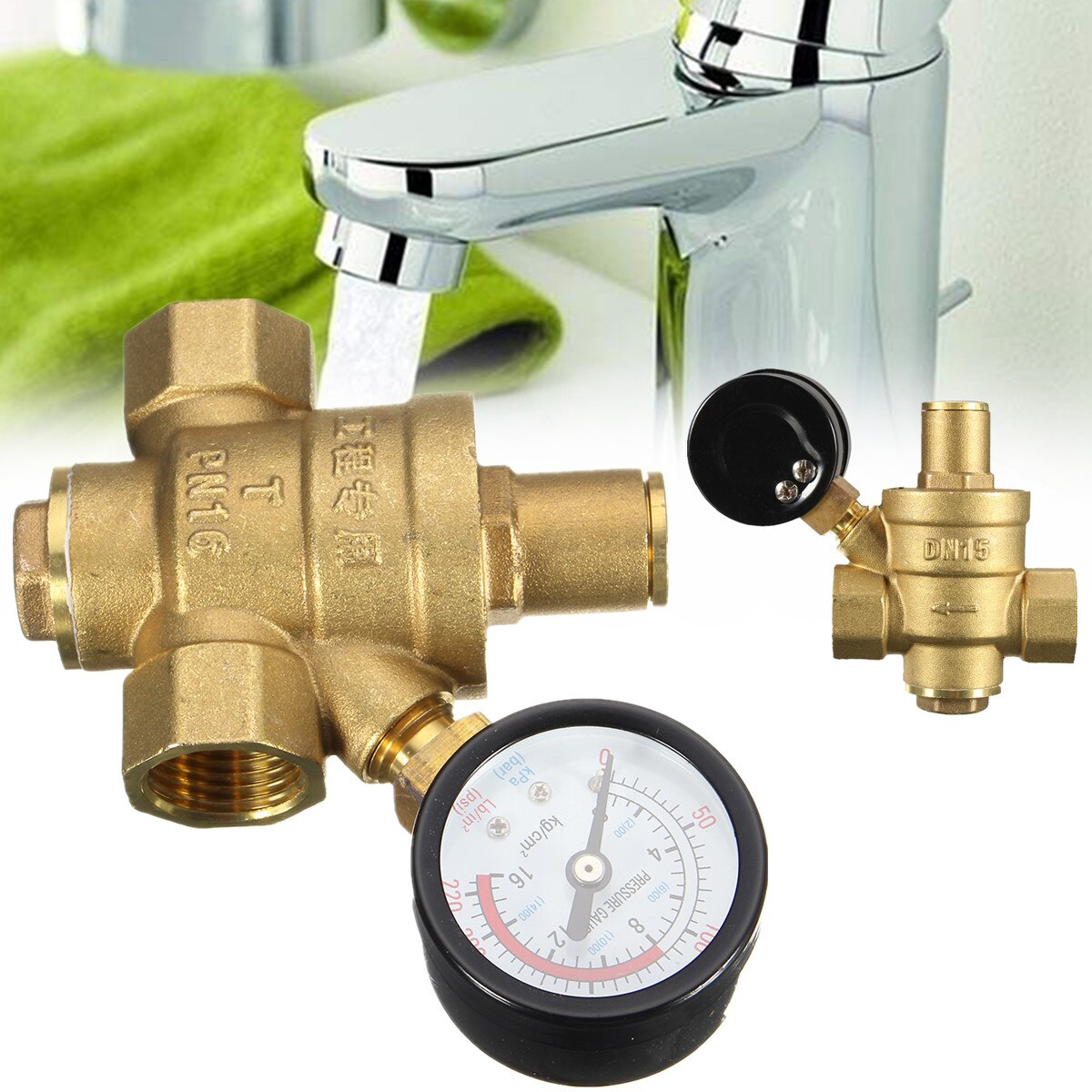 Water Pressure Regulator Adjustable DN15 NPT 1/2'' Reducer 8.3x6.4cm With Gauge Meter Brass Water Pressure PN 1.6 Valves