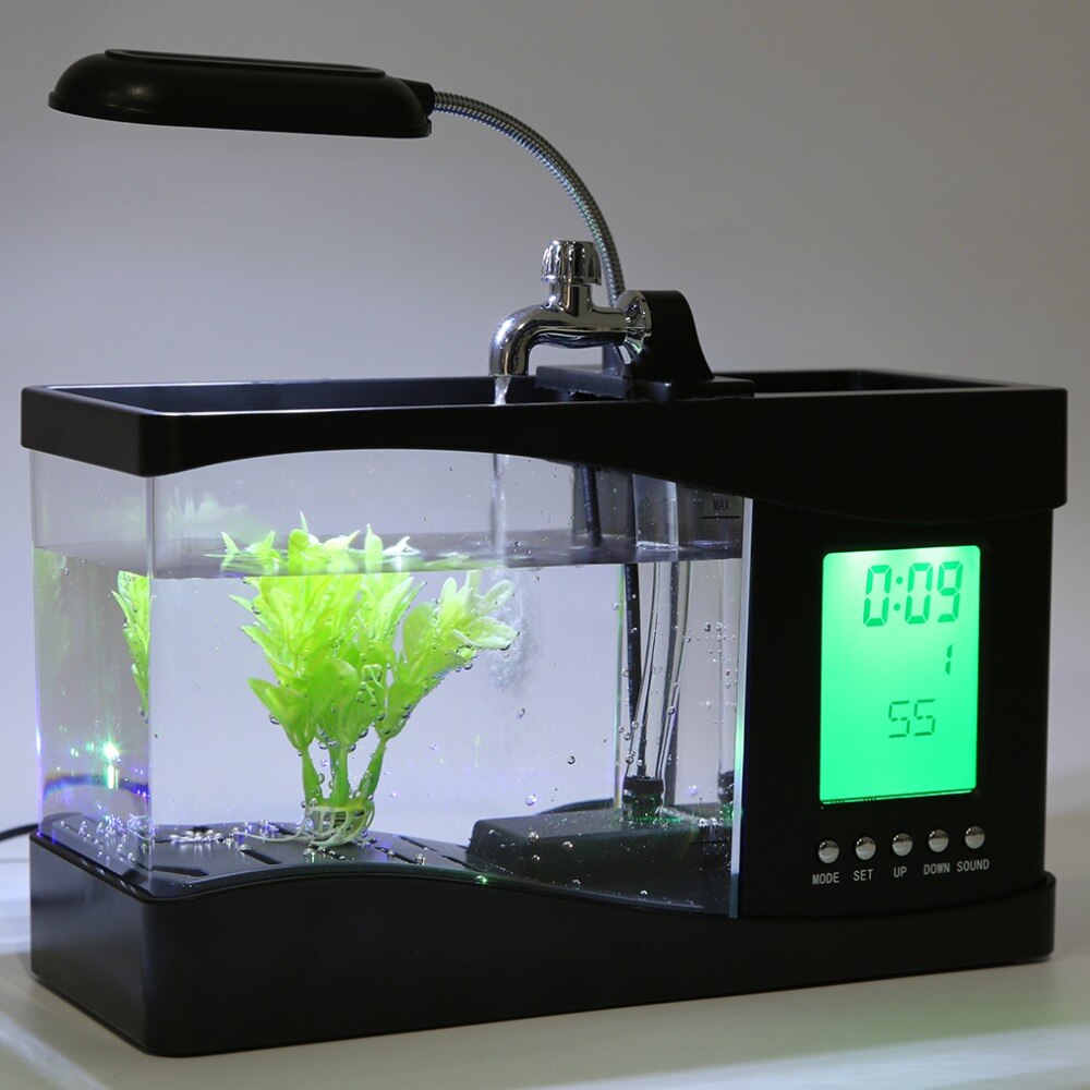 Mini Aquarium de bureau USB 5V 1 pc | Mini réservoir de poissons, Aquarium LCD, minuterie, horloge, lumière noir, couleur 24*10*14cm