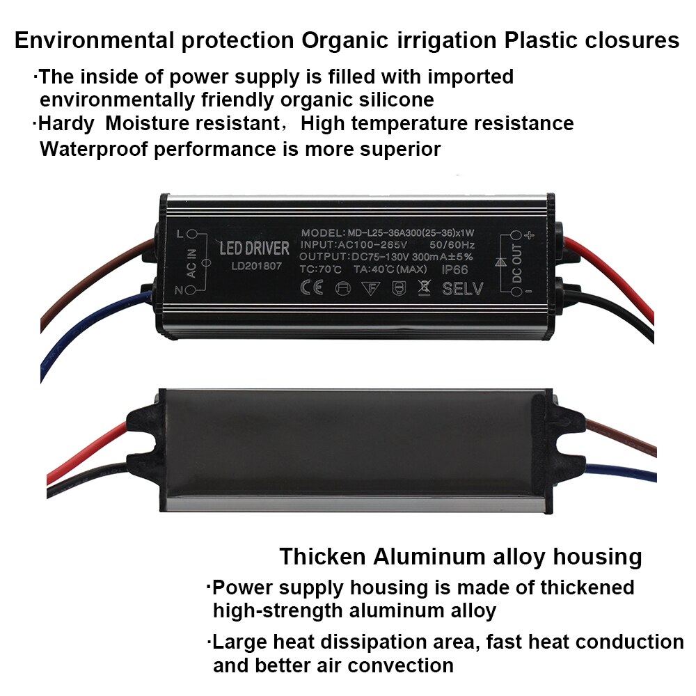 Aluminium IP66 25-36W LED Driver 300mA AC 100-265V to DC 75- 130V Waterproof Power Supply Lighting Transformer Drivers Ballast